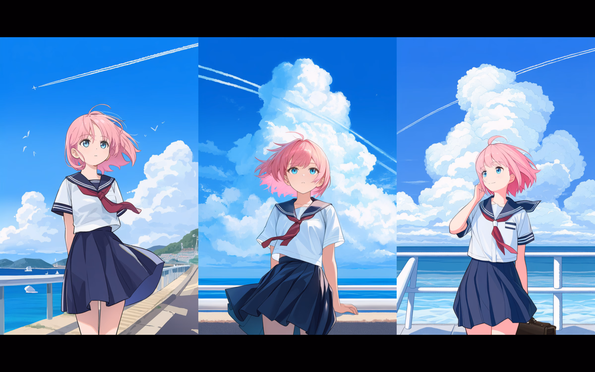 スライドショーの3枚同時表示。青空とセーラー服の似た構図が縦に3分割で並ぶ。