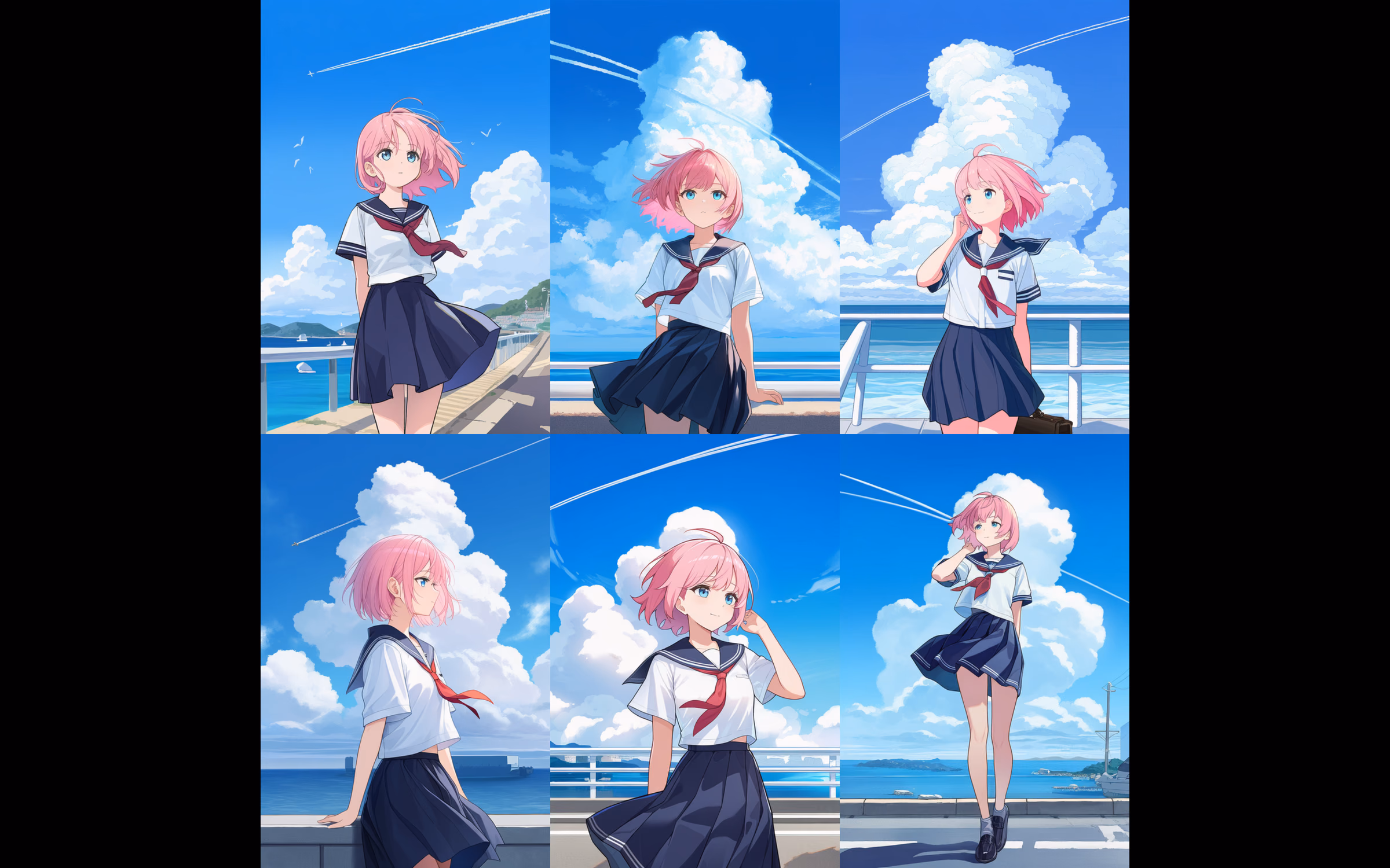 スライドショーの6枚同時表示。青空とセーラー服の似た構図が3×2で並ぶ。